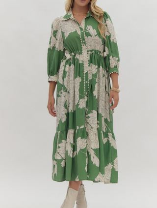 Green Floral Scalloped Midi Dress with Self-Tie Waist