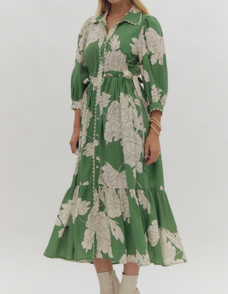 Green Floral Scalloped Midi Dress with Self-Tie Waist