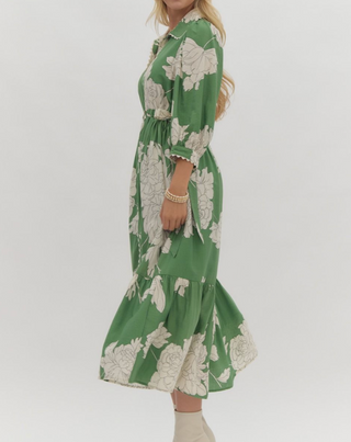 Green Floral Scalloped Midi Dress with Self-Tie Waist