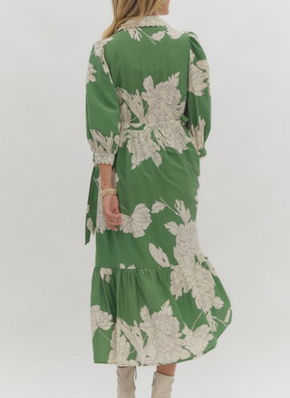 Green Floral Scalloped Midi Dress with Self-Tie Waist