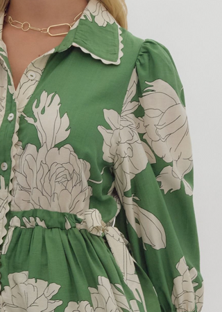 Green Floral Scalloped Midi Dress with Self-Tie Waist