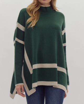 Green and Tan Two-Tone Mock Neck Top with Split Hem