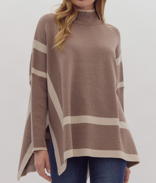 Mocha and Tan Two-Tone Mock Neck Top with Split Hem