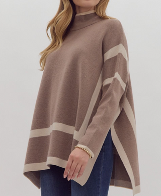 Mocha and Tan Two-Tone Mock Neck Top with Split Hem