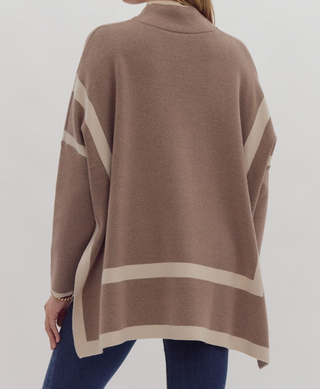 Mocha and Tan Two-Tone Mock Neck Top with Split Hem