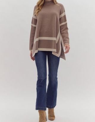 Mocha and Tan Two-Tone Mock Neck Top with Split Hem