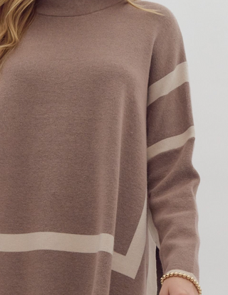 Mocha and Tan Two-Tone Mock Neck Top with Split Hem