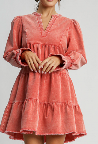 Clay Pink Corduroy Tiered Babydoll Dress - Long Sleeve V-Neck