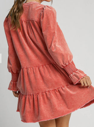 Clay Pink Corduroy Tiered Babydoll Dress - Long Sleeve V-Neck