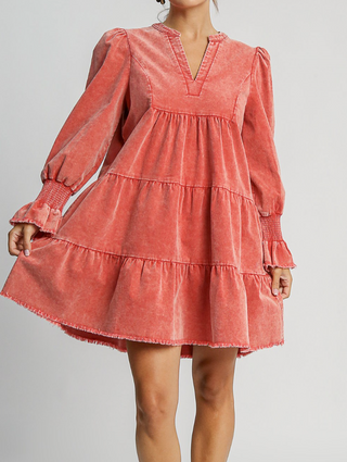 Clay Pink Corduroy Tiered Babydoll Dress - Long Sleeve V-Neck