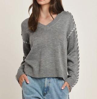 Gray Contrast Stitch V-Neck Sweater Top