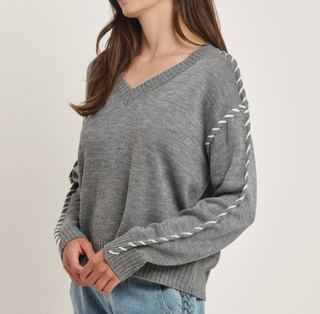 Gray Contrast Stitch V-Neck Sweater Top