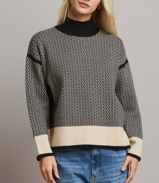 Black and Cream Geometric Mock Neck Sweater