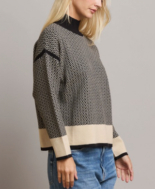 Black and Cream Geometric Mock Neck Sweater