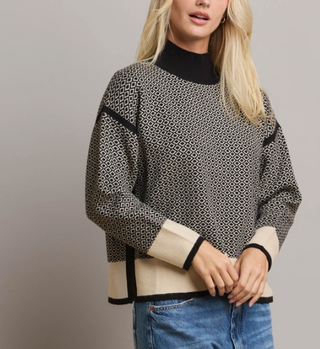 Black and Cream Geometric Mock Neck Sweater