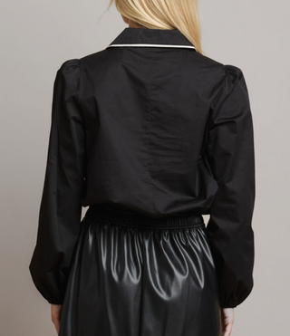 Black with White Contrast Bow Collar Blouse