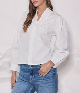 White Ruffled Smocked Neck Blouse