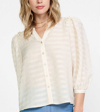 Cream Ruffled Shoulder V-Neck Button-Down Top