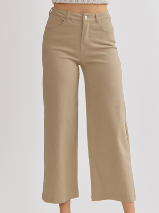 Acid Wash High-Waisted Wide Leg Pants in Tan