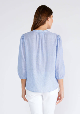 Chambray Stiped Pintuck 3/4 Sleeve Button Down Blouse