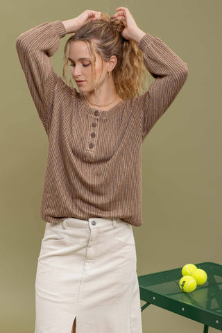 Relaxed Fit Striped Knit Top with Button Detail