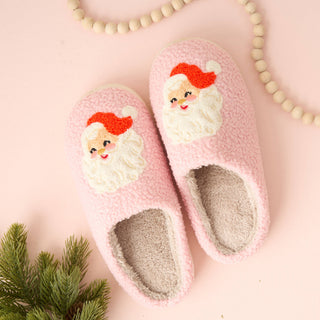 Fuzzy Holiday Slippers Pink Santa