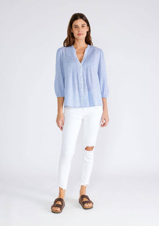 Chambray Stiped Pintuck 3/4 Sleeve Button Down Blouse