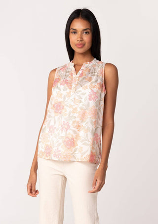 Ivory Peach Sheer Floral Button Front Ruffle Neck Tank Top