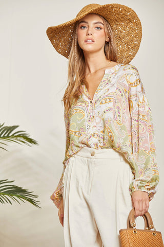 Sage Blush Print Button Up Blouse With Long Sleeves Front View 