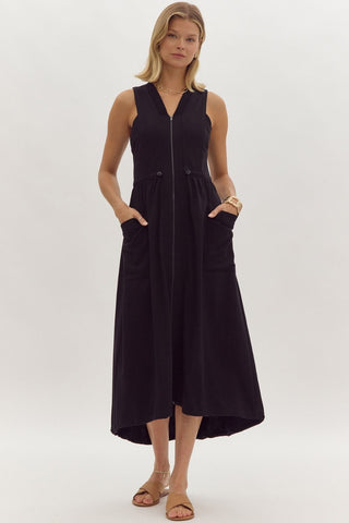 Black Solid Sleeveless V-Neck Maxi Dress with Tie Waist