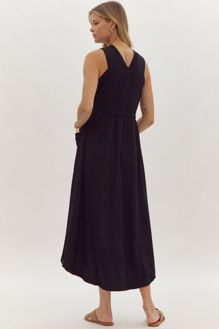 Black Solid Sleeveless V-Neck Maxi Dress with Tie Waist