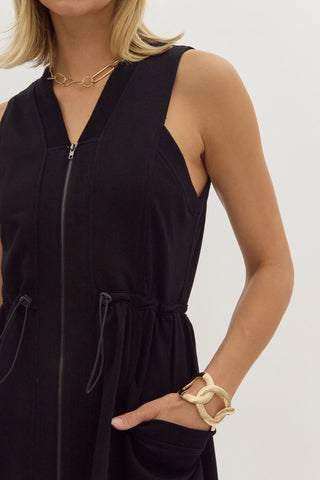 Black Solid Sleeveless V-Neck Maxi Dress with Tie Waist