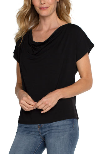 LIVERPOOL Short Sleeve Draped Cowl Neck Knit Top