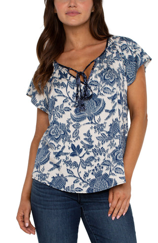 Liverpool Navy and White Floral Woven Top