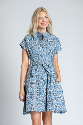 APNY Blue Abstract Dress with Tie Waist